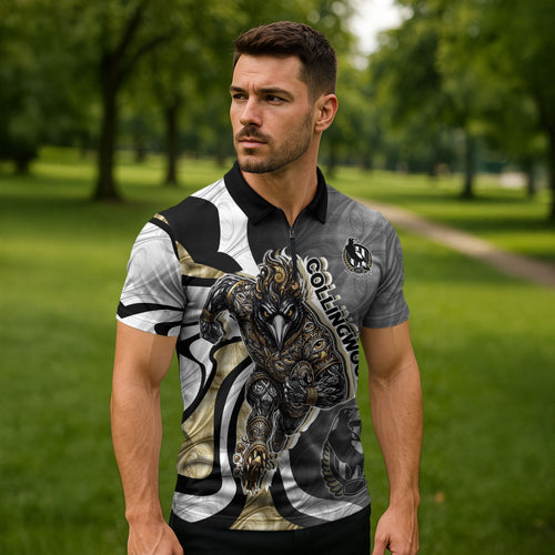 Personalised Collingwood Magpies Zipper Polo Shirt Trippy Psychedelic Abstract Art Mascot Football Fans