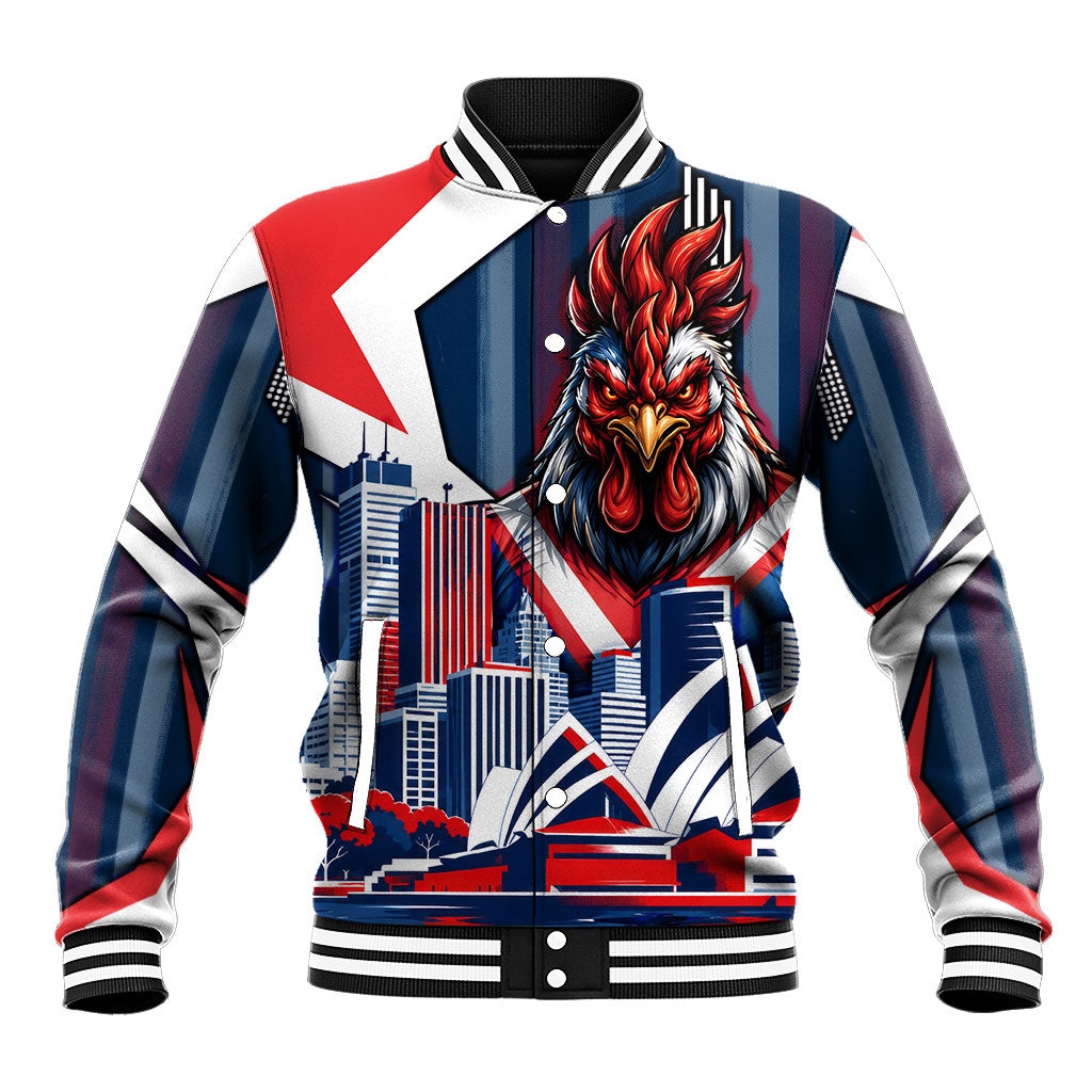 Personalised Sydney Roosters City Of Rugby Baseball Jacket Sydney City Skyline Illustration Dynamic Sport Fan