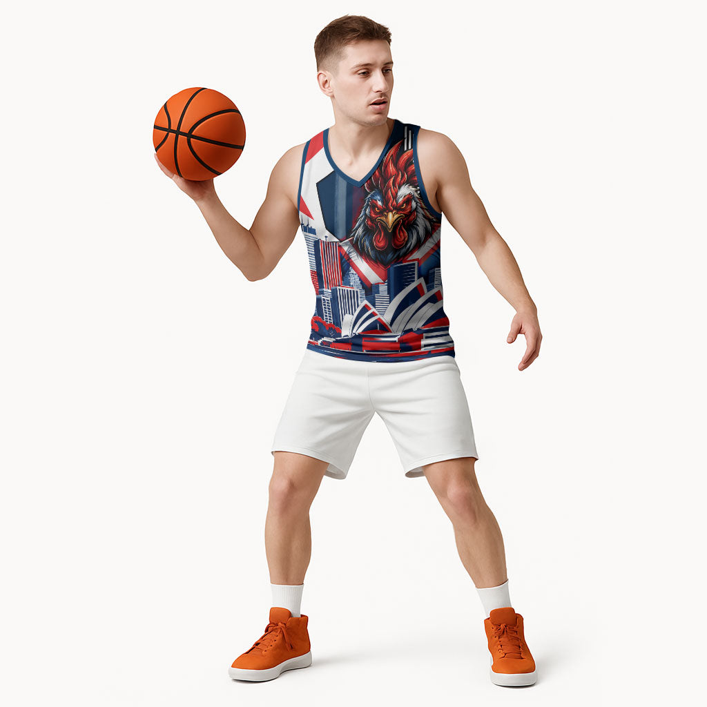 Personalised Sydney Roosters City Of Rugby Basketball Jersey Sydney City Skyline Illustration Dynamic Sport Fan