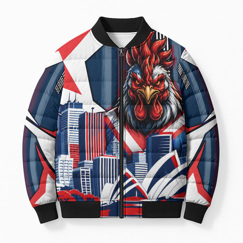 Personalised Sydney Roosters City Of Rugby Bomber Puffer Jacket Sydney City Skyline Illustration Dynamic Sport Fan