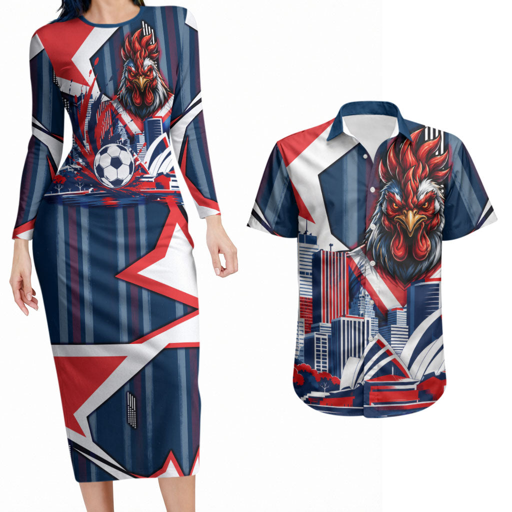 Personalised Sydney Roosters City Of Rugby Couples Matching Long Sleeve Bodycon Dress and Hawaiian Shirt Sydney City Skyline Illustration Dynamic Sport Fan