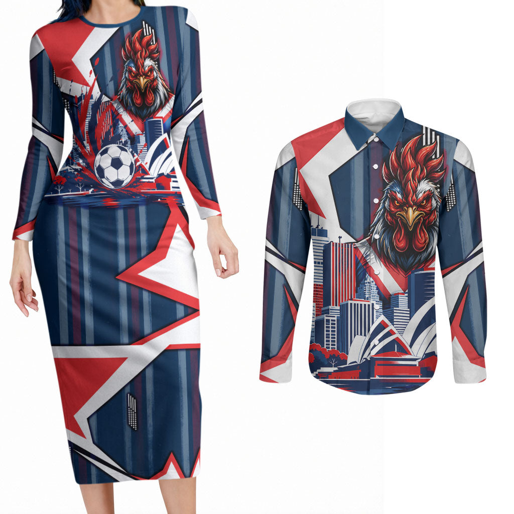 Personalised Sydney Roosters City Of Rugby Couples Matching Long Sleeve Bodycon Dress and Long Sleeve Button Shirt Sydney City Skyline Illustration Dynamic Sport Fan