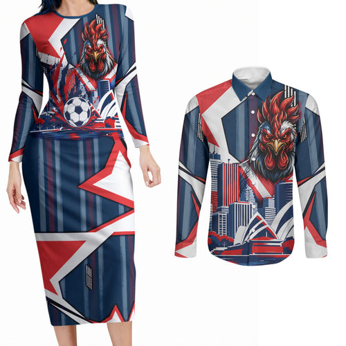 Personalised Sydney Roosters City Of Rugby Couples Matching Long Sleeve Bodycon Dress and Long Sleeve Button Shirt Sydney City Skyline Illustration Dynamic Sport Fan