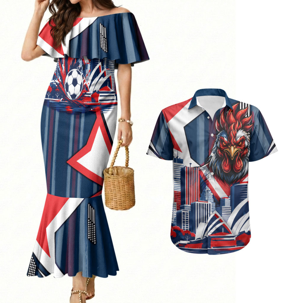 Personalised Sydney Roosters City Of Rugby Couples Matching Mermaid Dress and Hawaiian Shirt Sydney City Skyline Illustration Dynamic Sport Fan