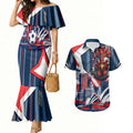 Personalised Sydney Roosters City Of Rugby Couples Matching Mermaid Dress and Hawaiian Shirt Sydney City Skyline Illustration Dynamic Sport Fan