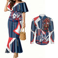 Personalised Sydney Roosters City Of Rugby Couples Matching Mermaid Dress and Long Sleeve Button Shirt Sydney City Skyline Illustration Dynamic Sport Fan