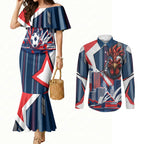 Personalised Sydney Roosters City Of Rugby Couples Matching Mermaid Dress and Long Sleeve Button Shirt Sydney City Skyline Illustration Dynamic Sport Fan