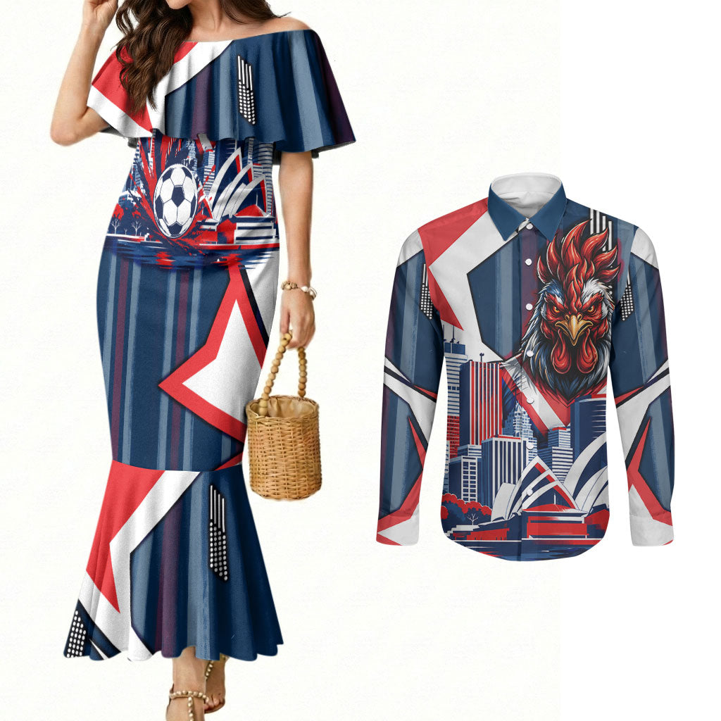 Personalised Sydney Roosters City Of Rugby Couples Matching Mermaid Dress and Long Sleeve Button Shirt Sydney City Skyline Illustration Dynamic Sport Fan