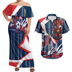 Personalised Sydney Roosters City Of Rugby Couples Matching Off Shoulder Maxi Dress and Hawaiian Shirt Sydney City Skyline Illustration Dynamic Sport Fan