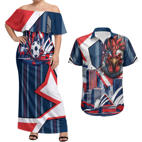 Personalised Sydney Roosters City Of Rugby Couples Matching Off Shoulder Maxi Dress and Hawaiian Shirt Sydney City Skyline Illustration Dynamic Sport Fan