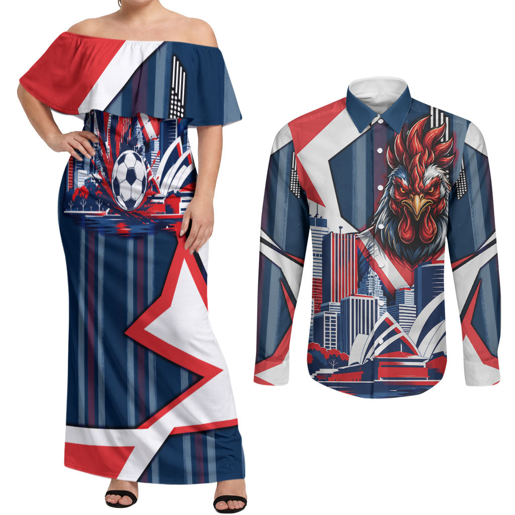 Personalised Sydney Roosters City Of Rugby Couples Matching Off Shoulder Maxi Dress and Long Sleeve Button Shirt Sydney City Skyline Illustration Dynamic Sport Fan
