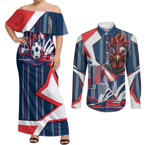 Personalised Sydney Roosters City Of Rugby Couples Matching Off Shoulder Maxi Dress and Long Sleeve Button Shirt Sydney City Skyline Illustration Dynamic Sport Fan