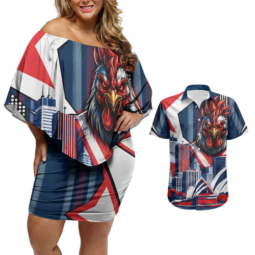 Personalised Sydney Roosters City Of Rugby Couples Matching Off Shoulder Short Dress and Hawaiian Shirt Sydney City Skyline Illustration Dynamic Sport Fan