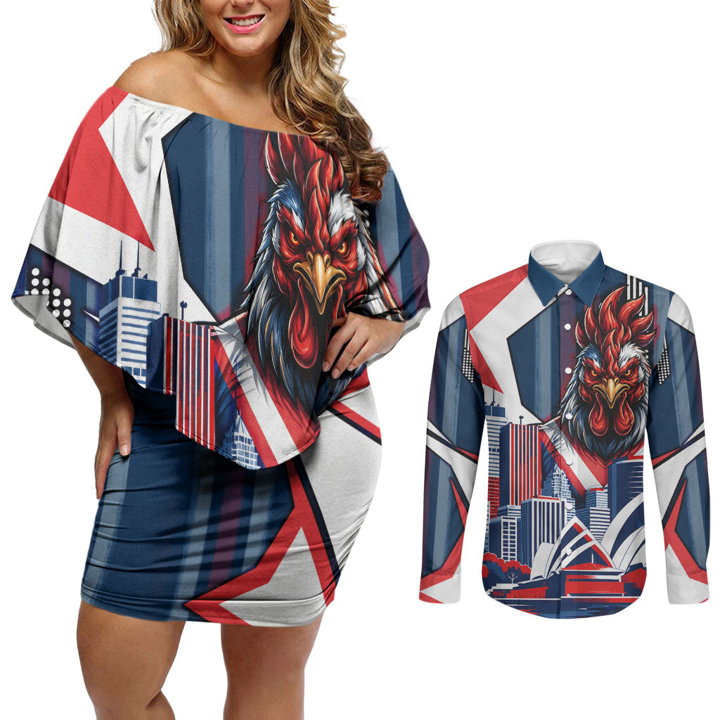 Personalised Sydney Roosters City Of Rugby Couples Matching Off Shoulder Short Dress and Long Sleeve Button Shirt Sydney City Skyline Illustration Dynamic Sport Fan