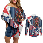 Personalised Sydney Roosters City Of Rugby Couples Matching Off Shoulder Short Dress and Long Sleeve Button Shirt Sydney City Skyline Illustration Dynamic Sport Fan