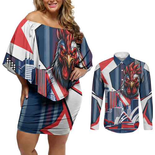 Personalised Sydney Roosters City Of Rugby Couples Matching Off Shoulder Short Dress and Long Sleeve Button Shirt Sydney City Skyline Illustration Dynamic Sport Fan