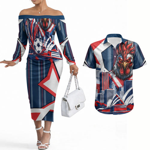 Personalised Sydney Roosters City Of Rugby Couples Matching Off The Shoulder Long Sleeve Dress and Hawaiian Shirt Sydney City Skyline Illustration Dynamic Sport Fan