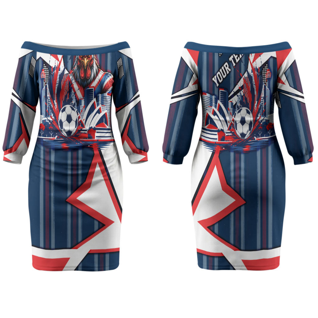 Personalised Sydney Roosters City Of Rugby Couples Matching Off The Shoulder Long Sleeve Dress and Hawaiian Shirt Sydney City Skyline Illustration Dynamic Sport Fan