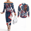 Personalised Sydney Roosters City Of Rugby Couples Matching Off The Shoulder Long Sleeve Dress and Long Sleeve Button Shirt Sydney City Skyline Illustration Dynamic Sport Fan