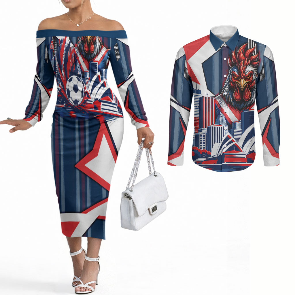 Personalised Sydney Roosters City Of Rugby Couples Matching Off The Shoulder Long Sleeve Dress and Long Sleeve Button Shirt Sydney City Skyline Illustration Dynamic Sport Fan