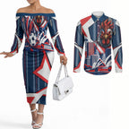 Personalised Sydney Roosters City Of Rugby Couples Matching Off The Shoulder Long Sleeve Dress and Long Sleeve Button Shirt Sydney City Skyline Illustration Dynamic Sport Fan