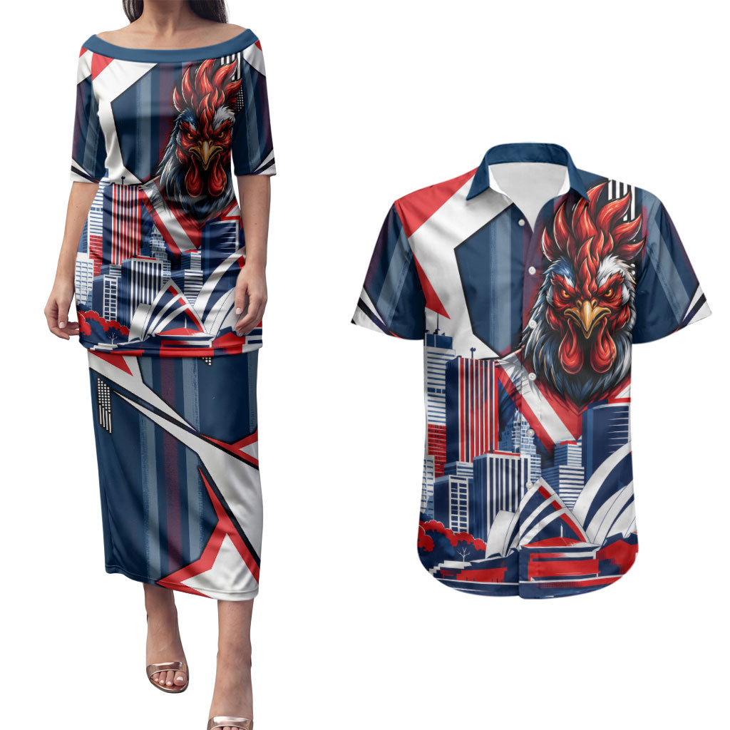 Personalised Sydney Roosters City Of Rugby Couples Matching Puletasi and Hawaiian Shirt Sydney City Skyline Illustration Dynamic Sport Fan