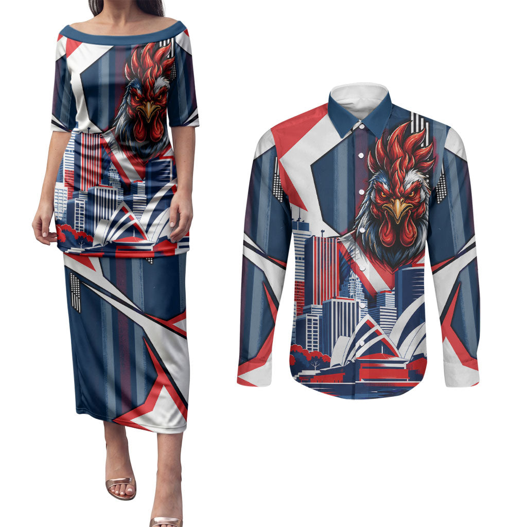 Personalised Sydney Roosters City Of Rugby Couples Matching Puletasi and Long Sleeve Button Shirt Sydney City Skyline Illustration Dynamic Sport Fan