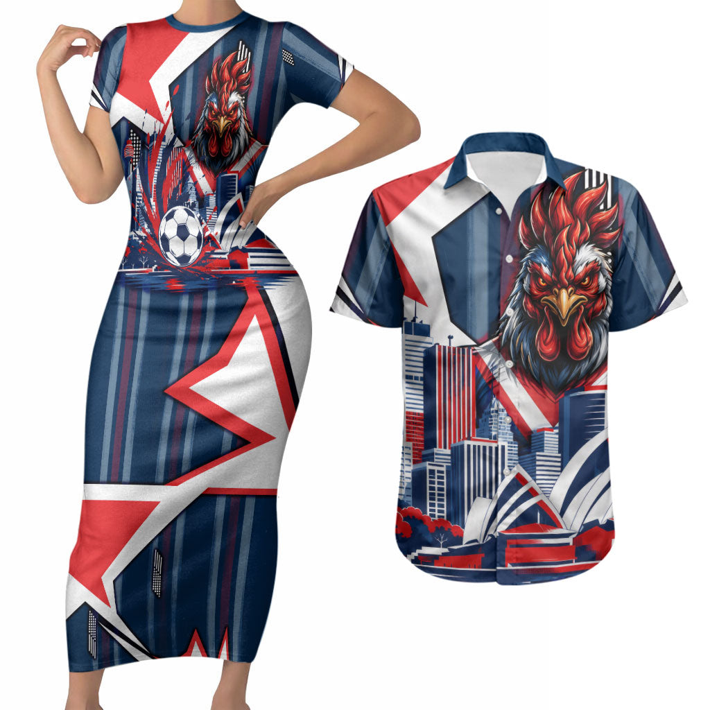 Personalised Sydney Roosters City Of Rugby Couples Matching Short Sleeve Bodycon Dress and Hawaiian Shirt Sydney City Skyline Illustration Dynamic Sport Fan