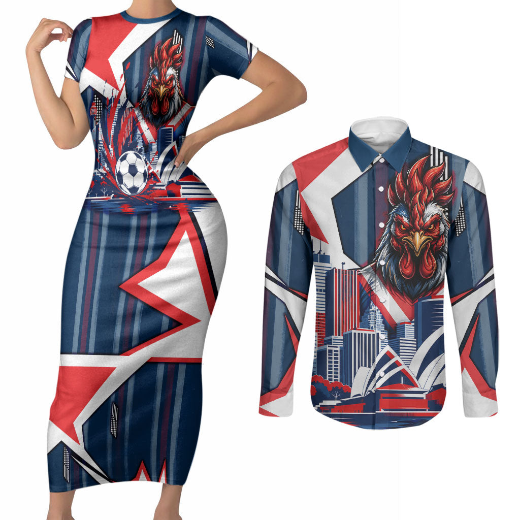 Personalised Sydney Roosters City Of Rugby Couples Matching Short Sleeve Bodycon Dress and Long Sleeve Button Shirt Sydney City Skyline Illustration Dynamic Sport Fan