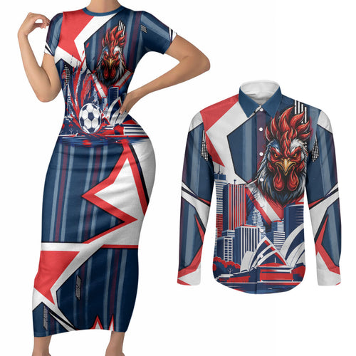 Personalised Sydney Roosters City Of Rugby Couples Matching Short Sleeve Bodycon Dress and Long Sleeve Button Shirt Sydney City Skyline Illustration Dynamic Sport Fan