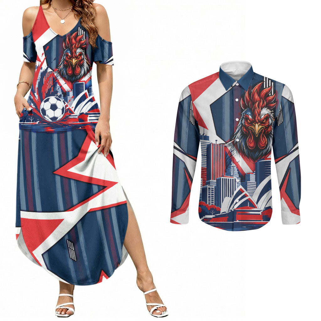 Personalised Sydney Roosters City Of Rugby Couples Matching Summer Maxi Dress and Long Sleeve Button Shirt Sydney City Skyline Illustration Dynamic Sport Fan