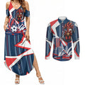 Personalised Sydney Roosters City Of Rugby Couples Matching Summer Maxi Dress and Long Sleeve Button Shirt Sydney City Skyline Illustration Dynamic Sport Fan