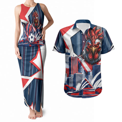Personalised Sydney Roosters City Of Rugby Couples Matching Tank Maxi Dress and Hawaiian Shirt Sydney City Skyline Illustration Dynamic Sport Fan