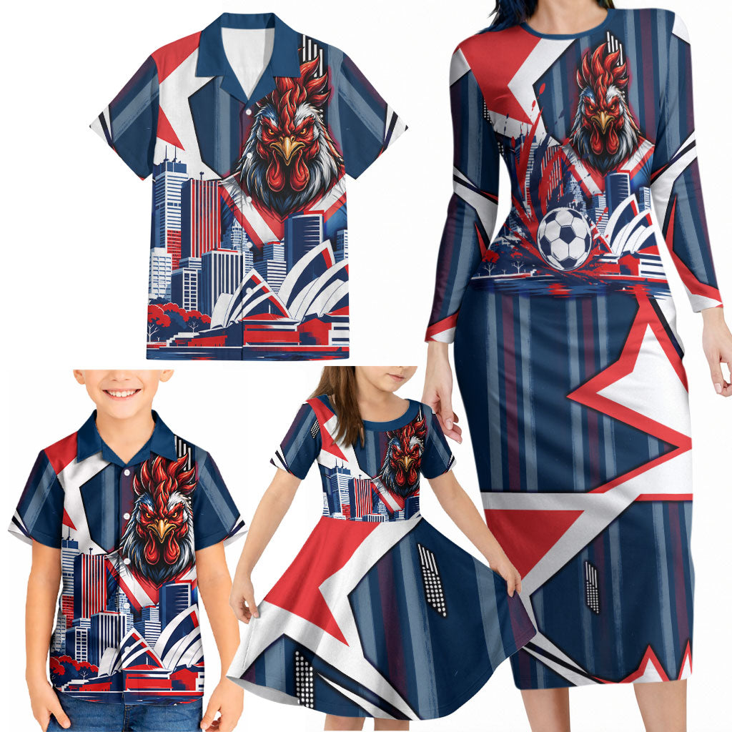 Personalised Sydney Roosters City Of Rugby Family Matching Long Sleeve Bodycon Dress and Hawaiian Shirt Sydney City Skyline Illustration Dynamic Sport Fan