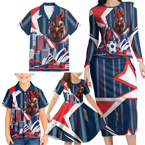 Personalised Sydney Roosters City Of Rugby Family Matching Long Sleeve Bodycon Dress and Hawaiian Shirt Sydney City Skyline Illustration Dynamic Sport Fan