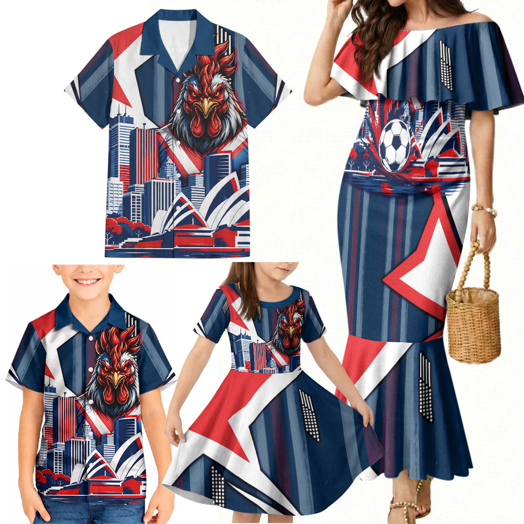 Personalised Sydney Roosters City Of Rugby Family Matching Mermaid Dress and Hawaiian Shirt Sydney City Skyline Illustration Dynamic Sport Fan