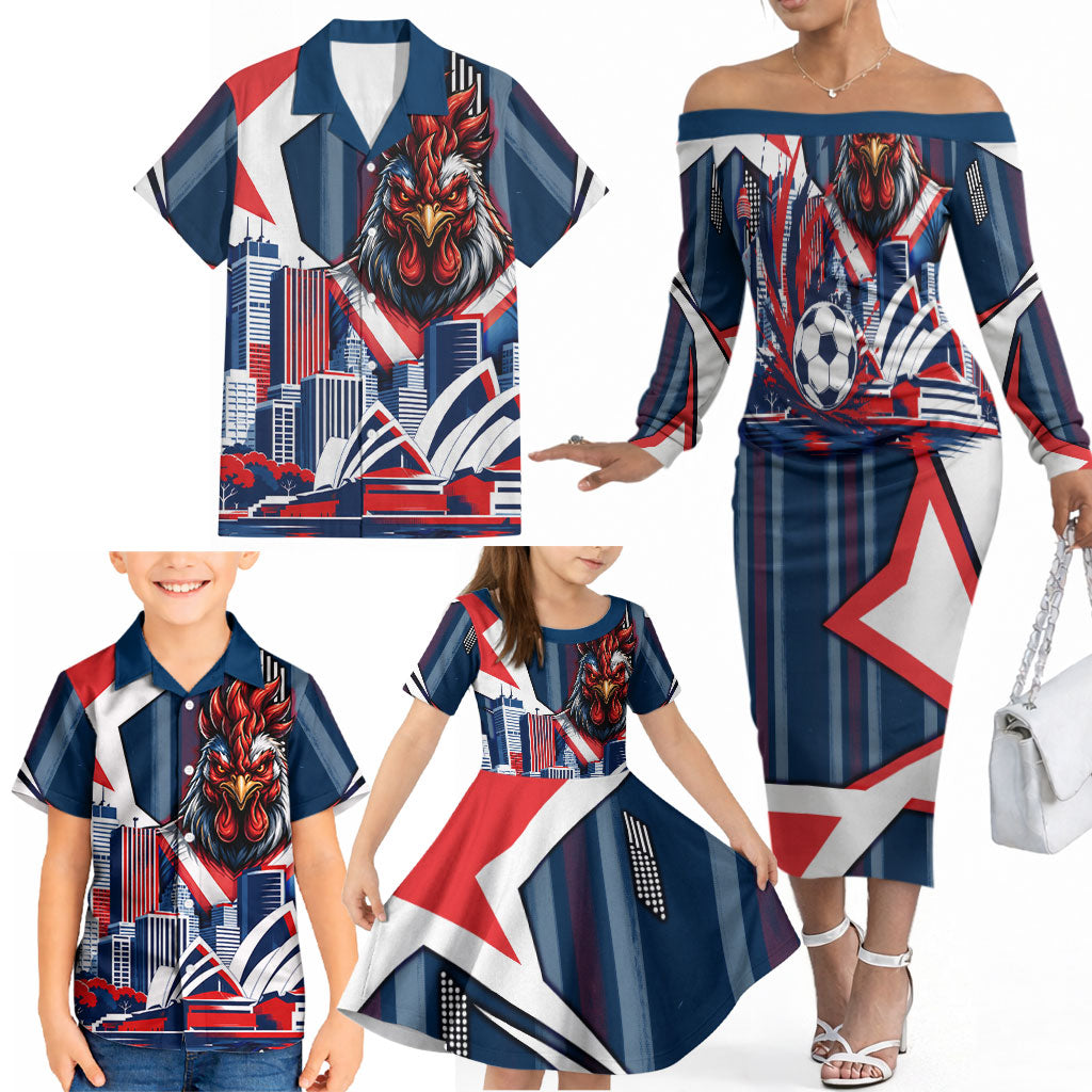 Personalised Sydney Roosters City Of Rugby Family Matching Off The Shoulder Long Sleeve Dress and Hawaiian Shirt Sydney City Skyline Illustration Dynamic Sport Fan