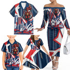 Personalised Sydney Roosters City Of Rugby Family Matching Off The Shoulder Long Sleeve Dress and Hawaiian Shirt Sydney City Skyline Illustration Dynamic Sport Fan