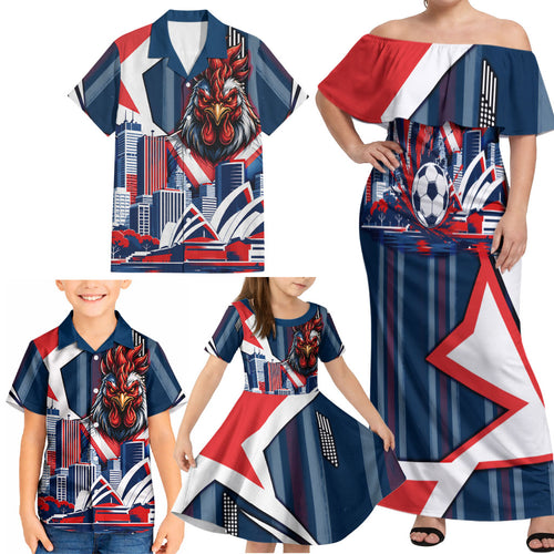Personalised Sydney Roosters City Of Rugby Family Matching Off Shoulder Maxi Dress and Hawaiian Shirt Sydney City Skyline Illustration Dynamic Sport Fan