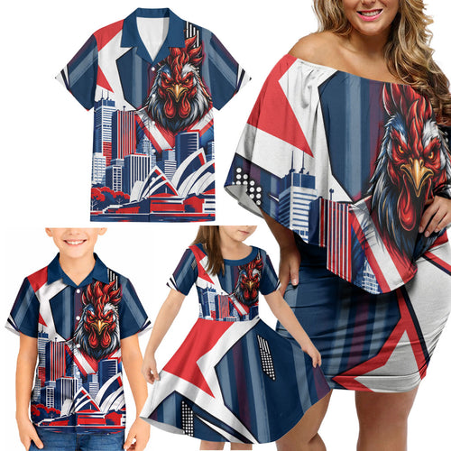 Personalised Sydney Roosters City Of Rugby Family Matching Off Shoulder Short Dress and Hawaiian Shirt Sydney City Skyline Illustration Dynamic Sport Fan
