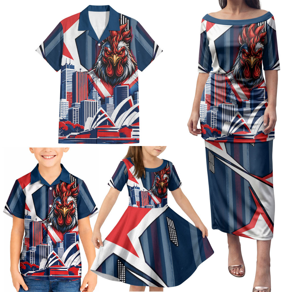 Personalised Sydney Roosters City Of Rugby Family Matching Puletasi and Hawaiian Shirt Sydney City Skyline Illustration Dynamic Sport Fan