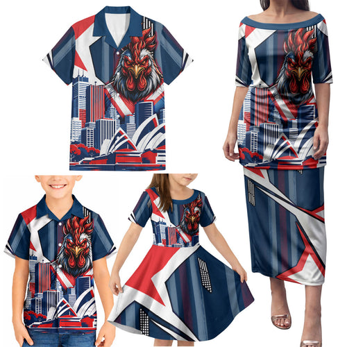 Personalised Sydney Roosters City Of Rugby Family Matching Puletasi and Hawaiian Shirt Sydney City Skyline Illustration Dynamic Sport Fan