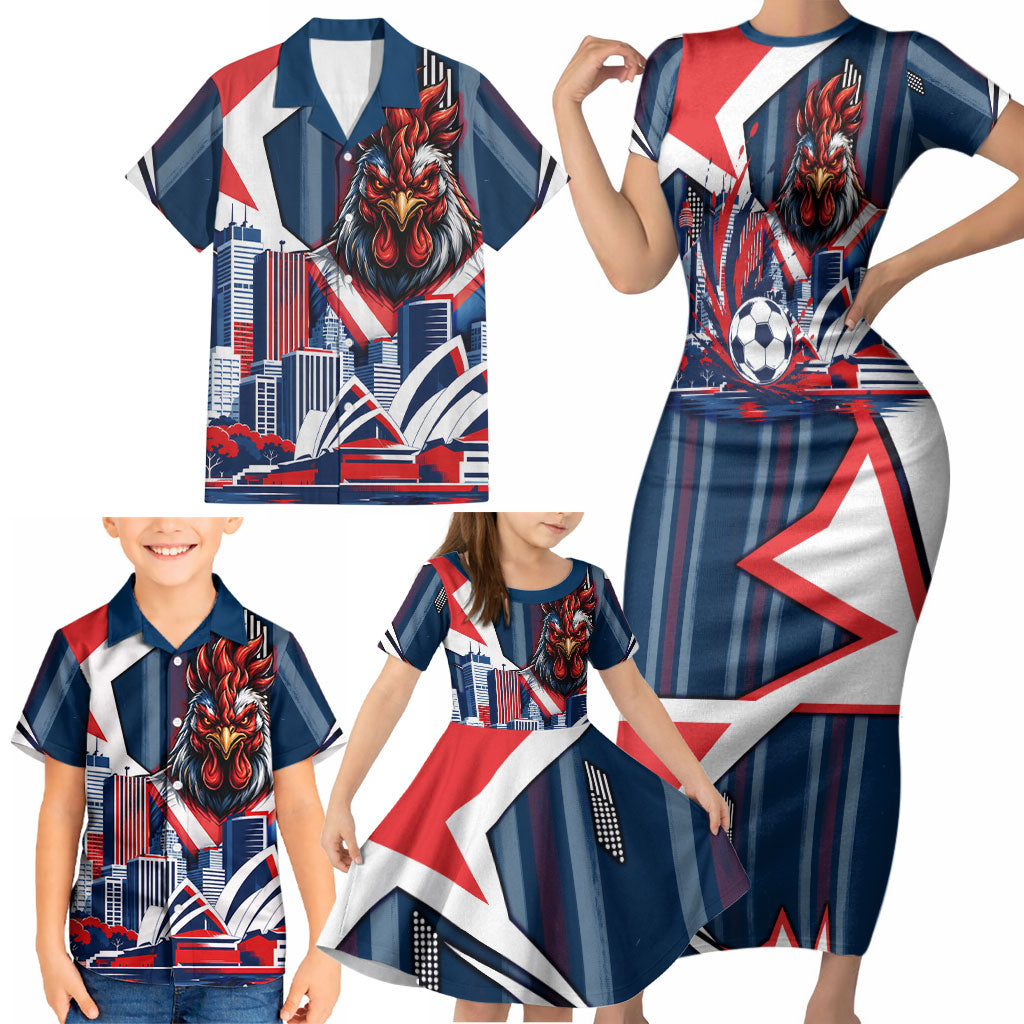 Personalised Sydney Roosters City Of Rugby Family Matching Short Sleeve Bodycon Dress and Hawaiian Shirt Sydney City Skyline Illustration Dynamic Sport Fan