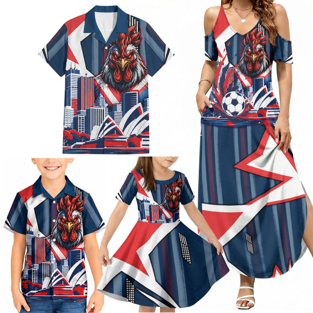 Personalised Sydney Roosters City Of Rugby Family Matching Summer Maxi Dress and Hawaiian Shirt Sydney City Skyline Illustration Dynamic Sport Fan