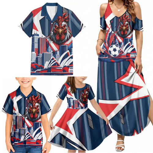Personalised Sydney Roosters City Of Rugby Family Matching Summer Maxi Dress and Hawaiian Shirt Sydney City Skyline Illustration Dynamic Sport Fan