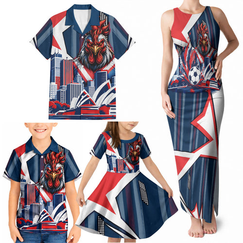 Personalised Sydney Roosters City Of Rugby Family Matching Tank Maxi Dress and Hawaiian Shirt Sydney City Skyline Illustration Dynamic Sport Fan
