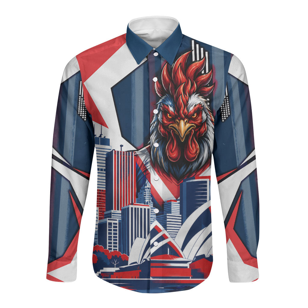 Personalised Sydney Roosters City Of Rugby Long Sleeve Button Shirt Sydney City Skyline Illustration Dynamic Sport Fan