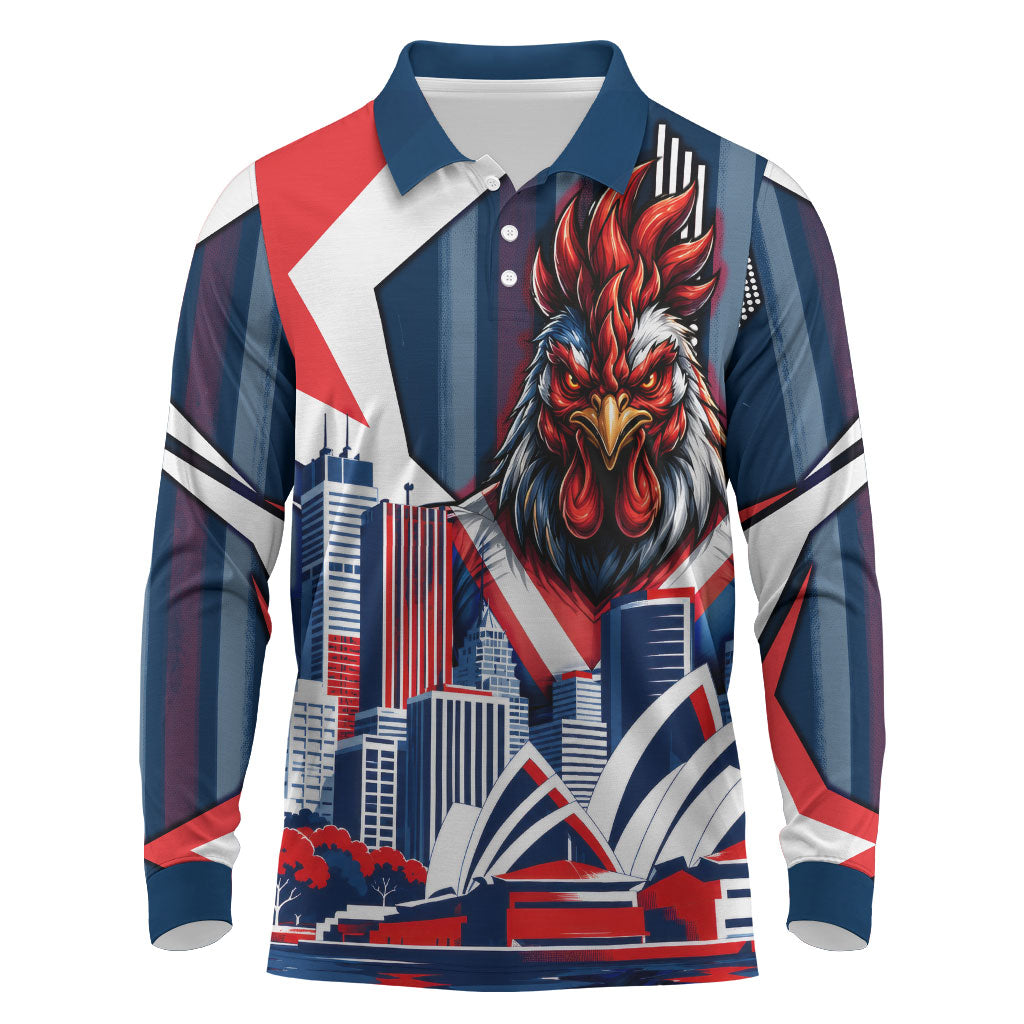 Personalised Sydney Roosters City Of Rugby Long Sleeve Polo Shirt Sydney City Skyline Illustration Dynamic Sport Fan