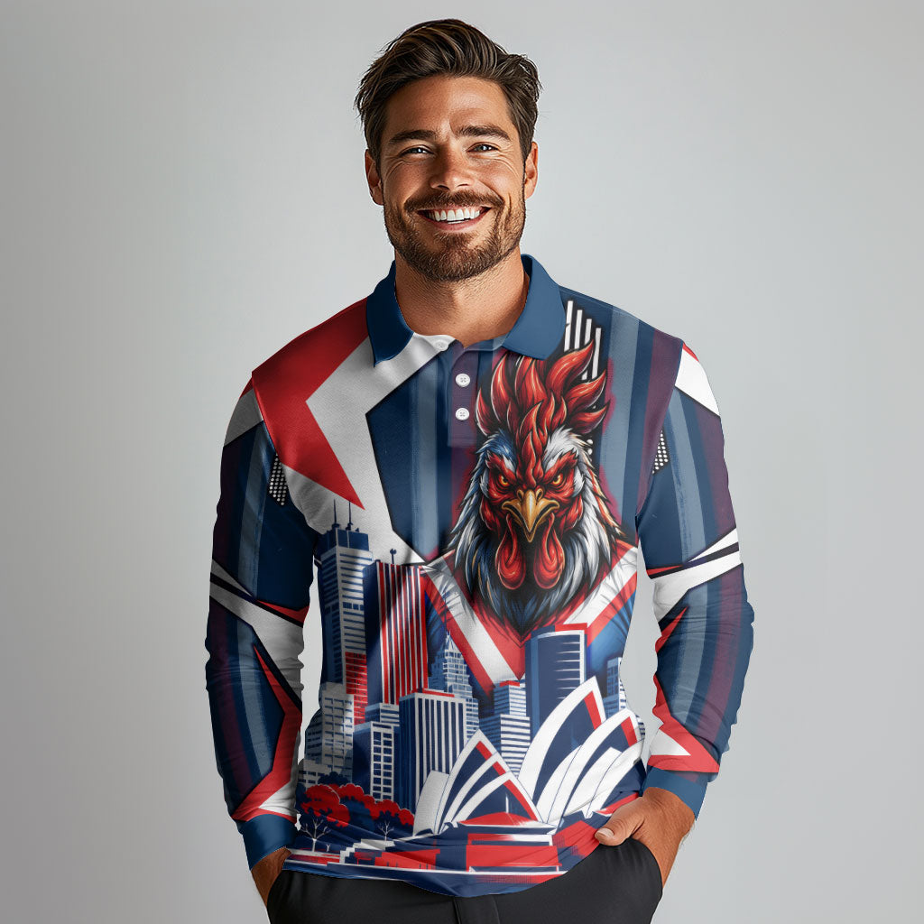Personalised Sydney Roosters City Of Rugby Long Sleeve Polo Shirt Sydney City Skyline Illustration Dynamic Sport Fan