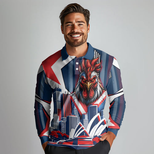 Personalised Sydney Roosters City Of Rugby Long Sleeve Polo Shirt Sydney City Skyline Illustration Dynamic Sport Fan